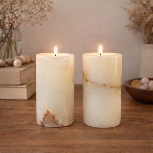 Pair of Natural Onyx Tea light Candleholders Cream Alabaster Stone Vintage
